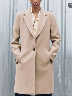 Zara Camel/Tan Wool-Blend Single-Breasted Peacoat